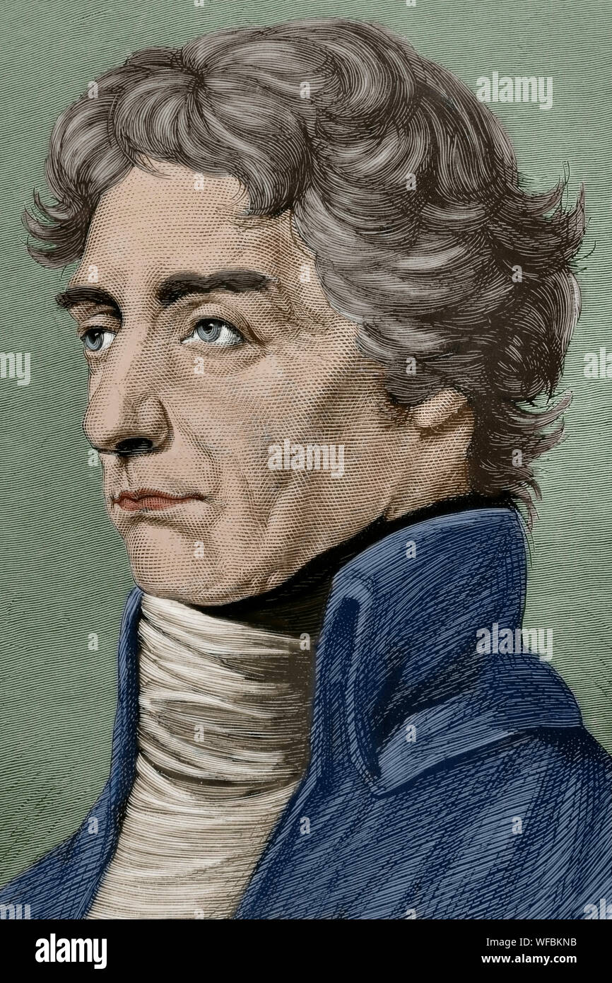 Horatio Nelson (1758-1805). Bandiera britannica ufficiale della Royal Navy. Primo Visconte Nelson. British naval commander nelle guerre con la rivoluzionaria e napoleonica in Francia. Egli è stato ferito a morte da un Francese sharpshooter durante la Battaglia di Trafalgar. Ritratto. Incisione. La Ilustracion Española y Americana, 22 ottobre 1876. Colorazione successiva. Foto Stock