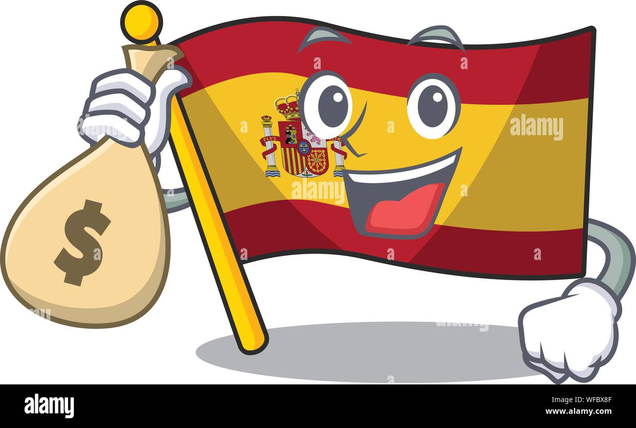 Con denaro borsa carattere spagna bandiere formata con cartoni animati Illustrazione Vettoriale