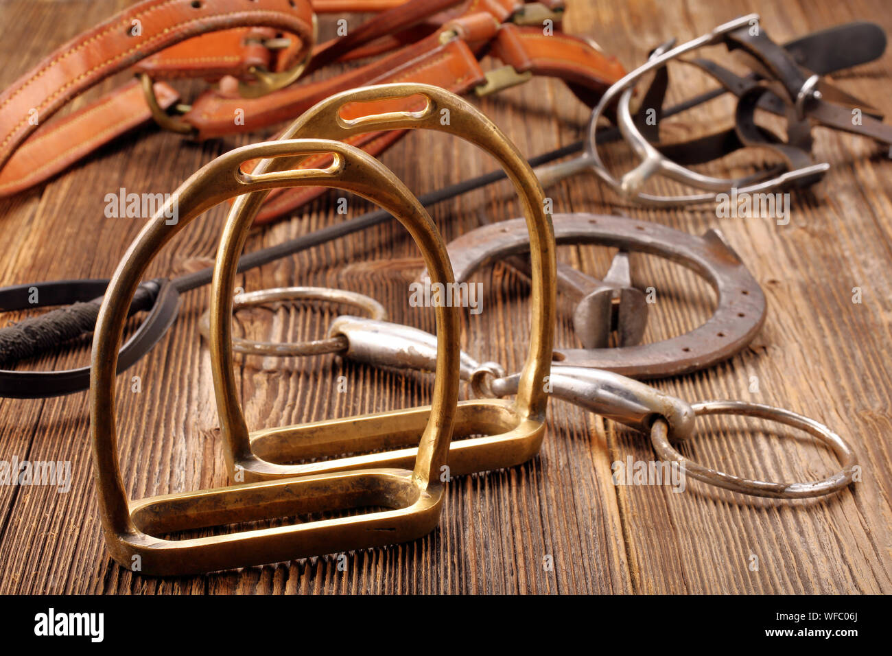 Set di attrezzatura per cavalli su sfondo di legno Foto Stock