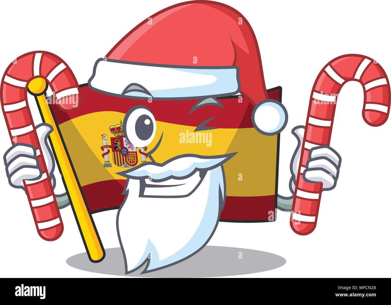 Santa con la caramella bandiera della Spagna con nella forma mascotte Illustrazione Vettoriale