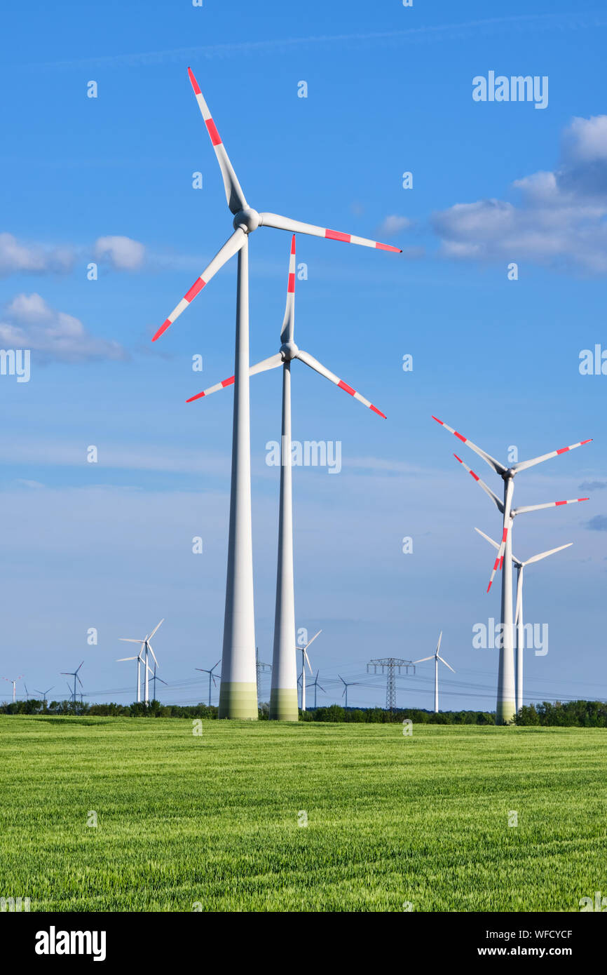 Le turbine eoliche nel verde di un campo di mais visto in Germania Foto Stock
