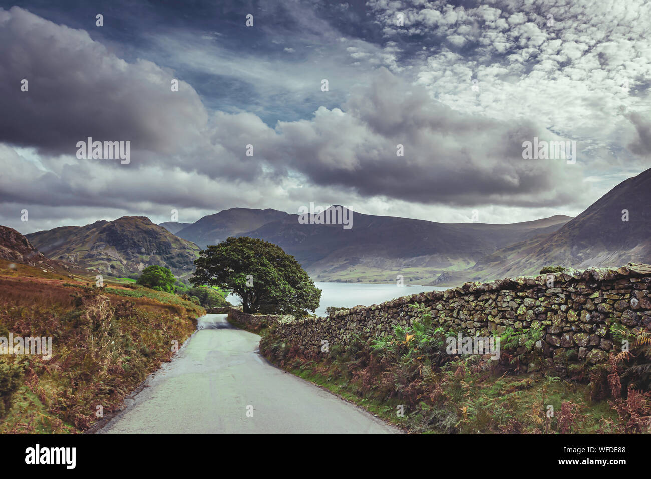 Strada di campagna con stonewall sul lato e bellissima vista sulla montagna panoramica vallata con il lago.idilliaco scenario rurale della Cumbria,UK.Travel, trasporto. Foto Stock