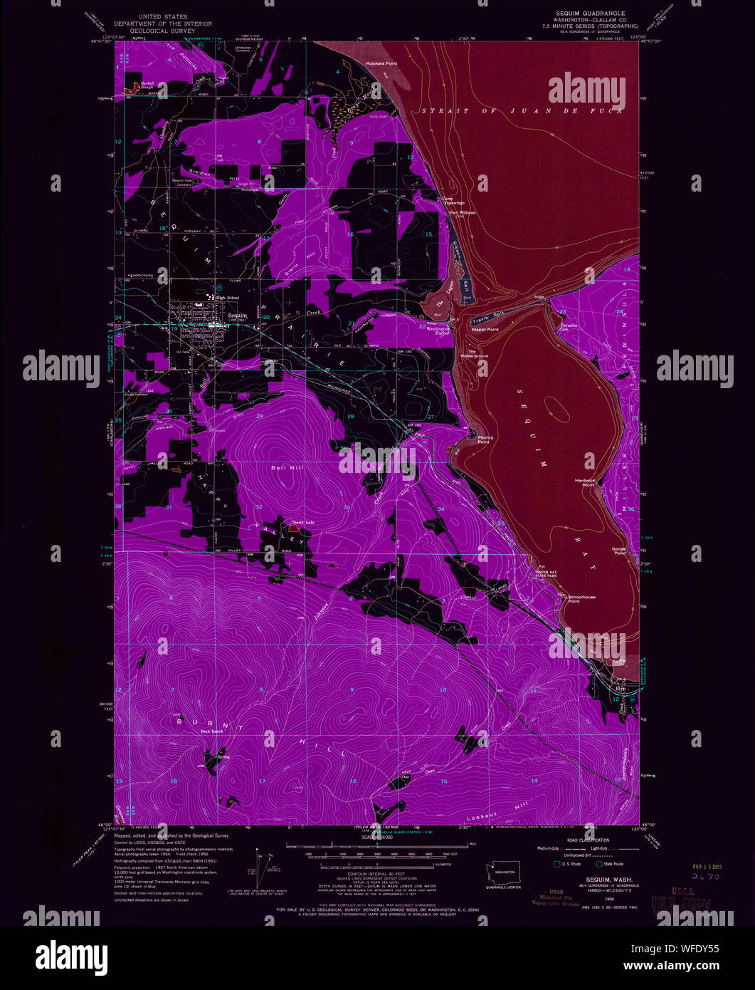 USGS TOPO Map Stato di Washington WA Sequim 243667 1956 24000 Restauro invertito Foto Stock