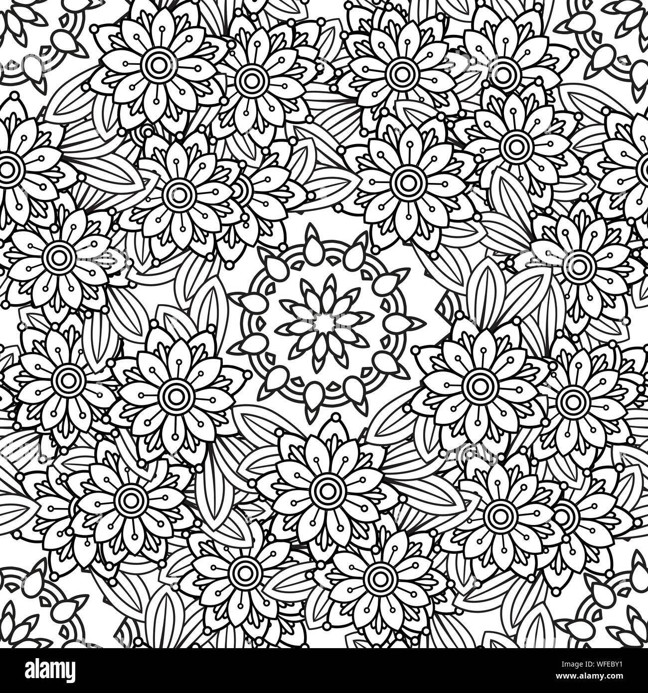 Disegnato a mano modello senza cuciture con foglie e fiori. Scarabocchi ornamento floreale. In bianco e nero di elementi decorativi. Perfetto per la carta da parati, adulti libri da colorare, pagina web background e texture di superficie. Illustrazione Vettoriale