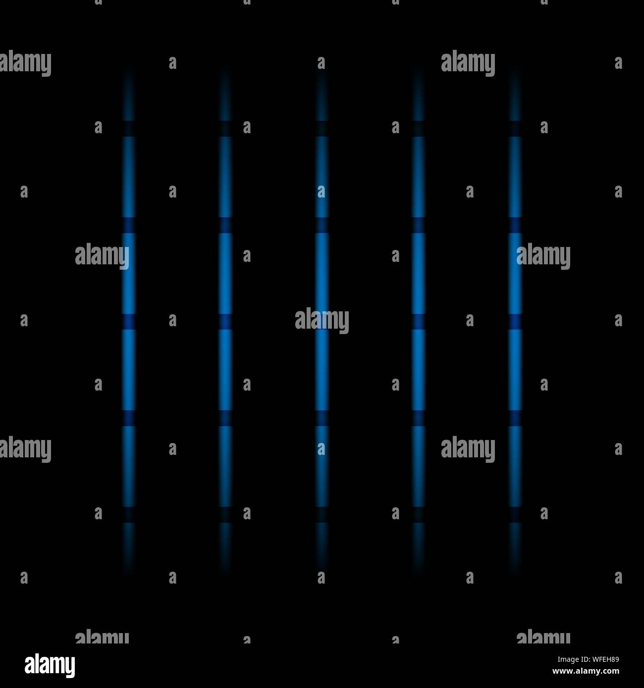 3d blue lo sbiadimento di luce al neon elementi, linee verticali e punti su sfondo nero. Il futuristico configurazione astratta. Illustrazione Vettoriale