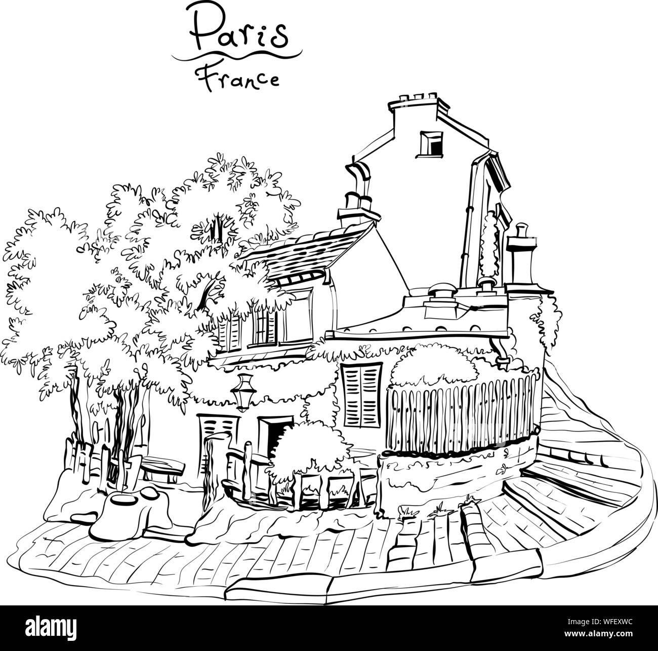 Disegno ad acquerello del tipico parisain street con vecchie case sulla collina di Montmartre a Parigi, Francia. Illustrazione Vettoriale