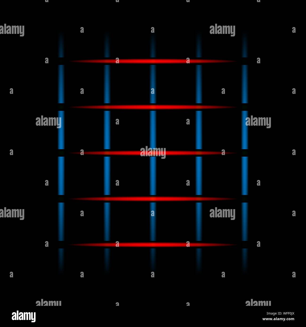 3d di blu e di rosso lo sbiadimento di luce al neon elementi, righe, punti griglia su sfondo nero. Il futuristico configurazione astratta. Illustrazione Vettoriale