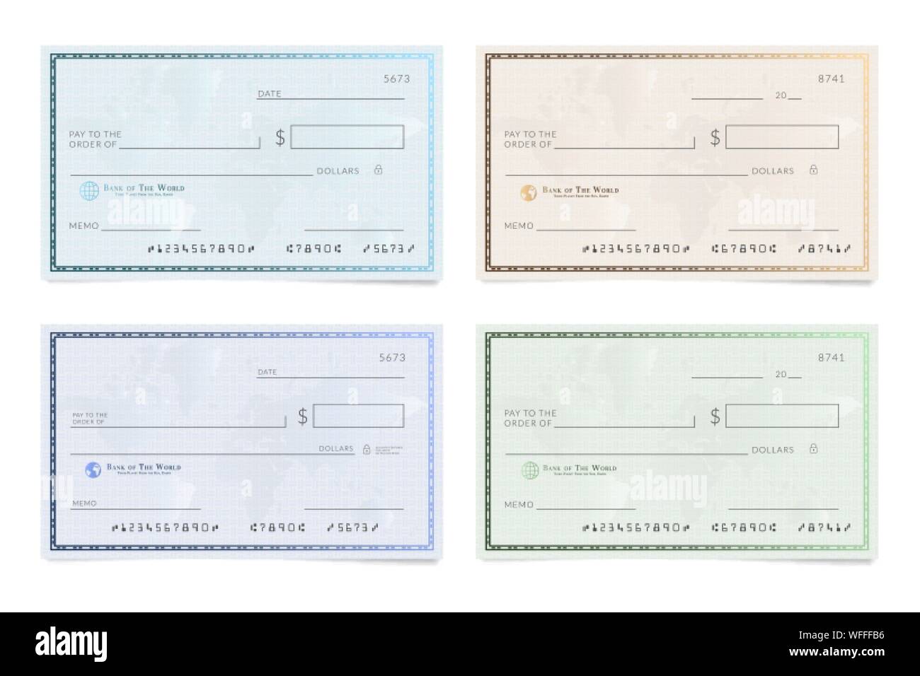 Modello vuoto di assegno bancario. Controllare il libretto degli assegni pagina con un campi vuoti da riempire Illustrazione Vettoriale
