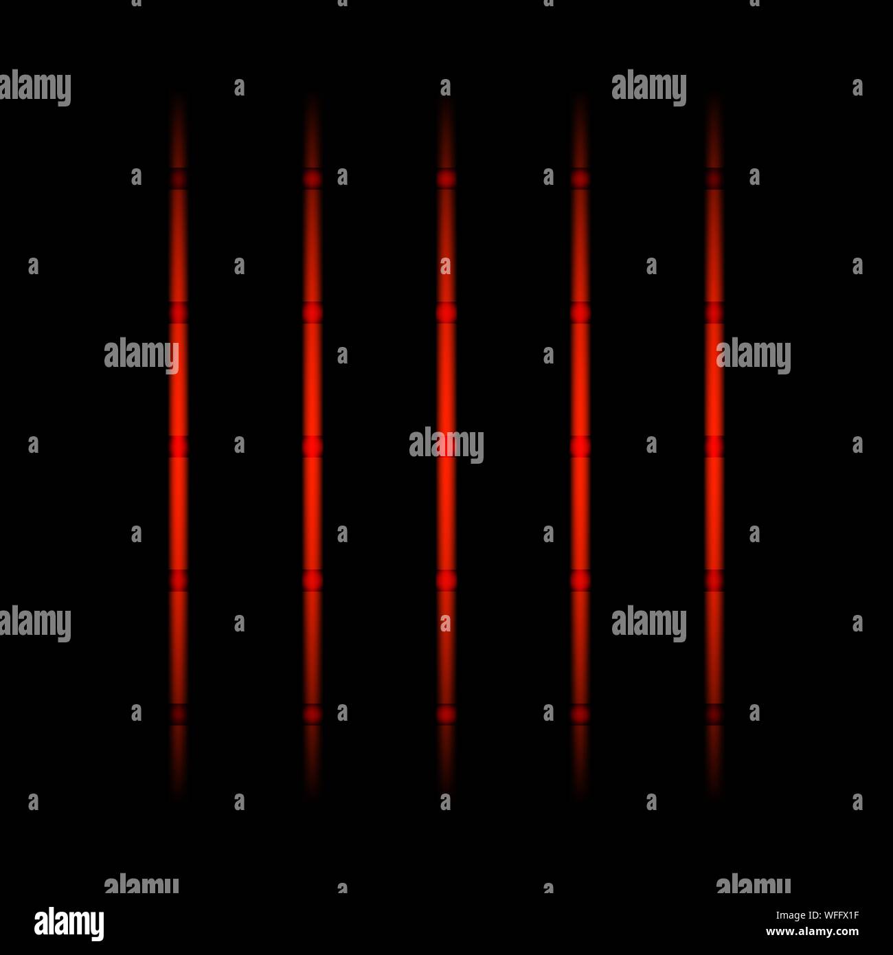 3d rosso lo sbiadimento di luce al neon elementi, linee verticali e punti su sfondo nero. Il futuristico configurazione astratta. Illustrazione Vettoriale