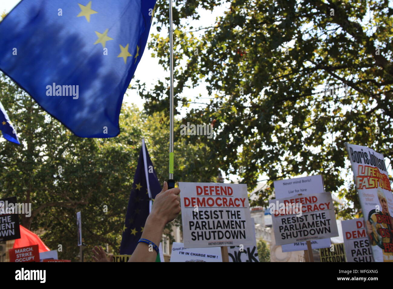 Londra, UK, 31 Agosto, 2019. I manifestanti si raccolgono al di fuori di Downing Street per protestare contro la proroga del Parlamento da parte del Primo Ministro Boris Johnson, Londra, Regno Unito. Credito: Helen Garvey/Alamy Live News Foto Stock