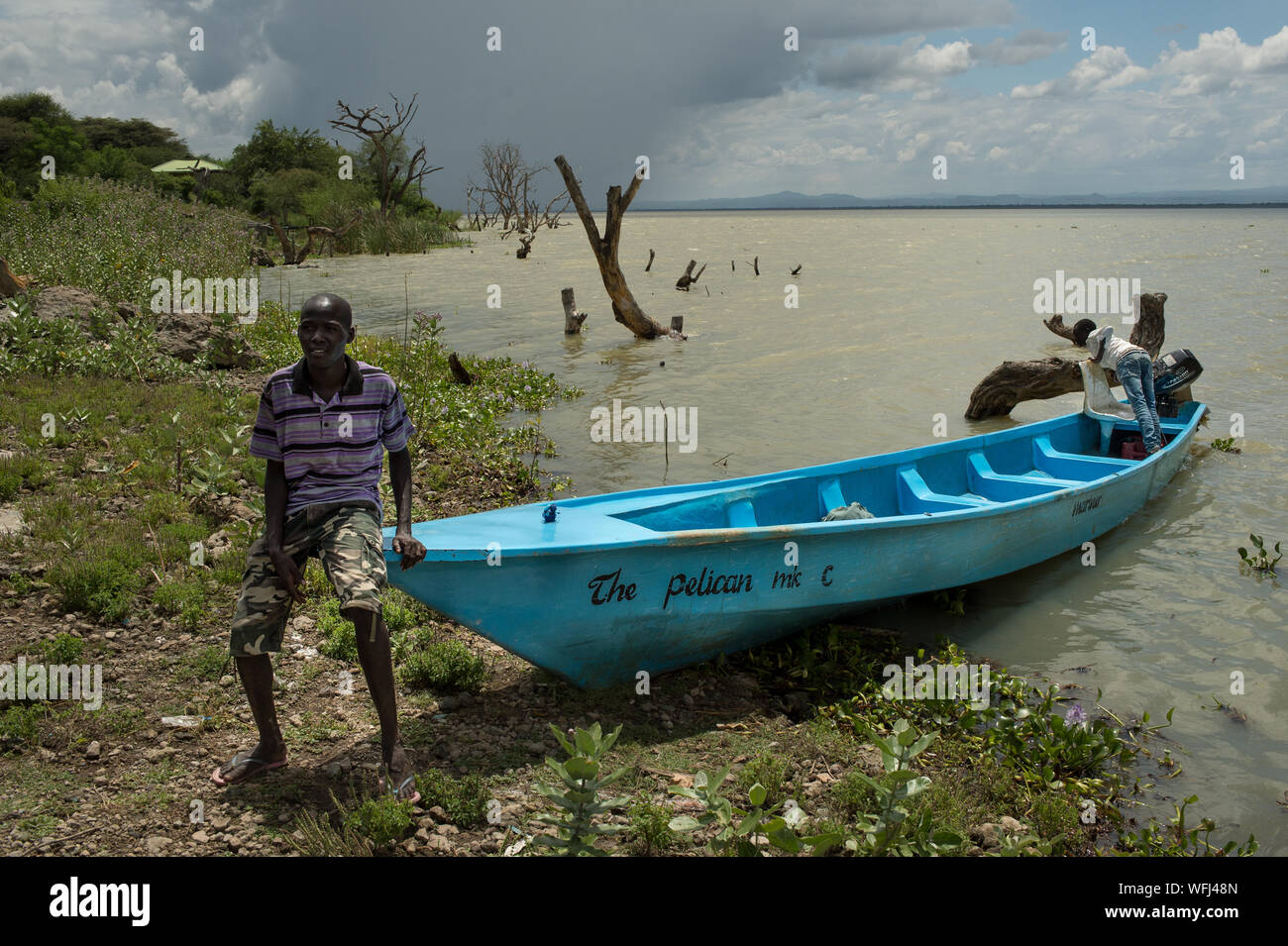 Imbarcazione turistica in Lake Baringo, il Parco Nazionale del Kenya, Africa Foto Stock