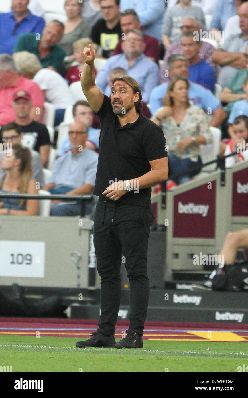 Londra, Regno Unito. 31 Agosto, 2019. Norwich City managerÊDaniel Farke durante il match di Premier League tra il West Ham United e Norwich City a Londra Stadium il 31 agosto 2019 a Londra, Inghilterra. (Foto di Mick Kearns/phcimages.com) Credit: Immagini di PHC/Alamy Live News Foto Stock