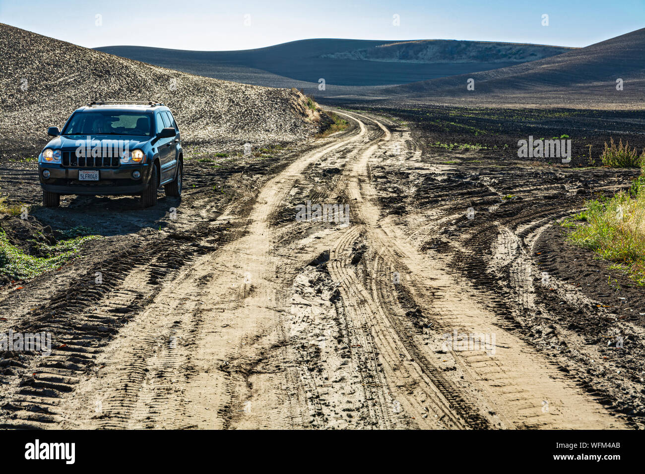 Washington, Regione Palouse, campi di grano caduta stagione dopo il raccolto, fangoso farm road, SUV Foto Stock