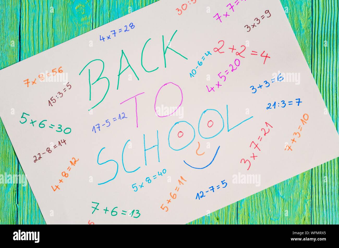 Idea creativa che raffigura il ritorno dei bambini a scuola. Carta bianca con operazioni matematiche e testo per tornare a scuola. Foto Stock