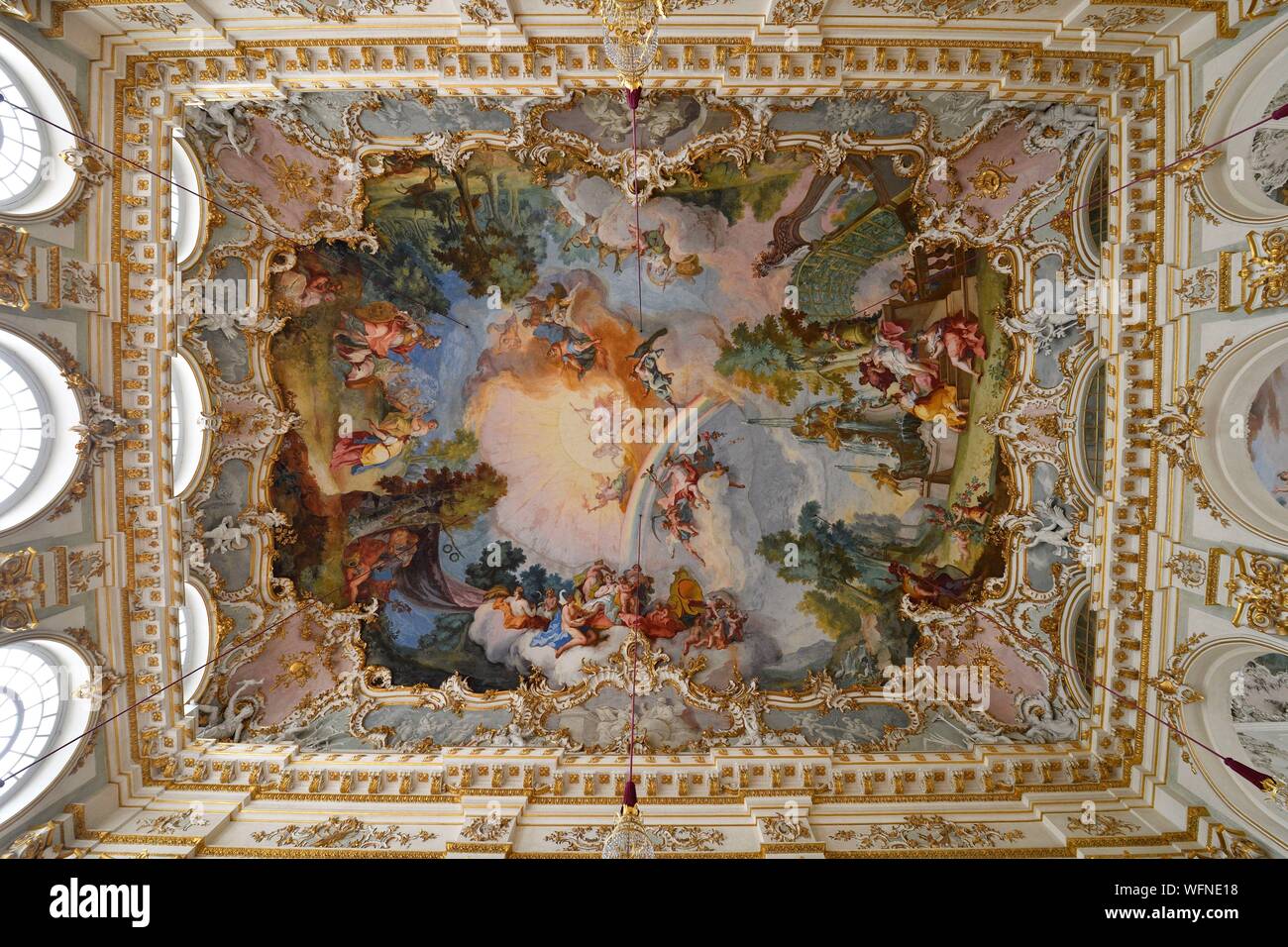 In Germania, in Baviera, Monaco di Baviera, il castello di Nymphenburg di stile barocco, l'ex residenza dei principi-elettori e re di Baviera, la grande sala, Soffitto dipinto Foto Stock