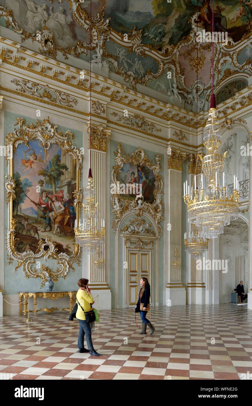 In Germania, in Baviera, Monaco di Baviera, il castello di Nymphenburg di stile barocco, l'ex residenza dei principi-elettori e re di Baviera, La Grande Hall Foto Stock