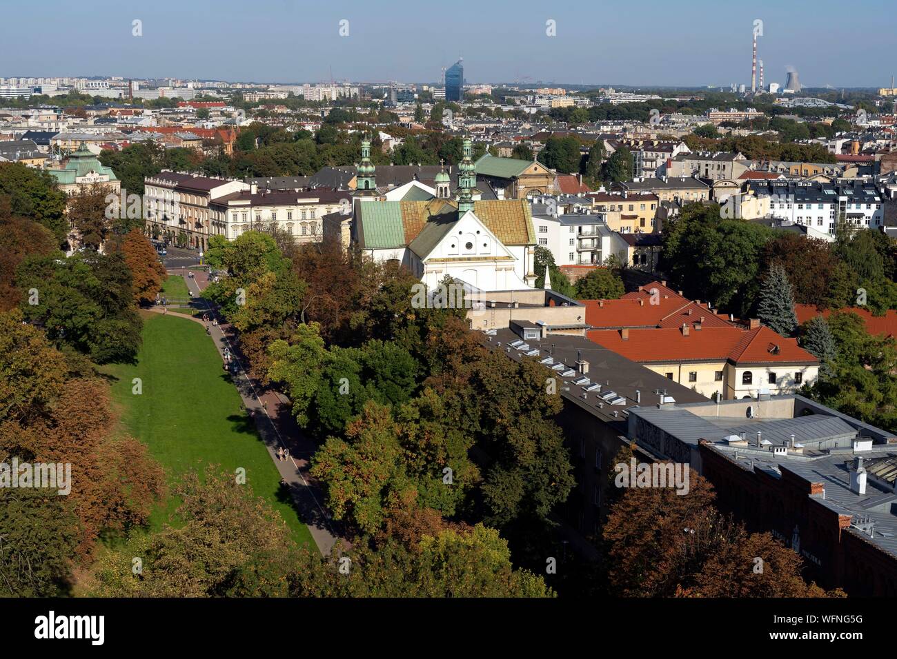 Polonia, Voïvodie Piccola Polonia, Cracovia, Stare Miasto distretto, Sito del Patrimonio Mondiale, Old Town, Vista dalla collina di Wawel Foto Stock