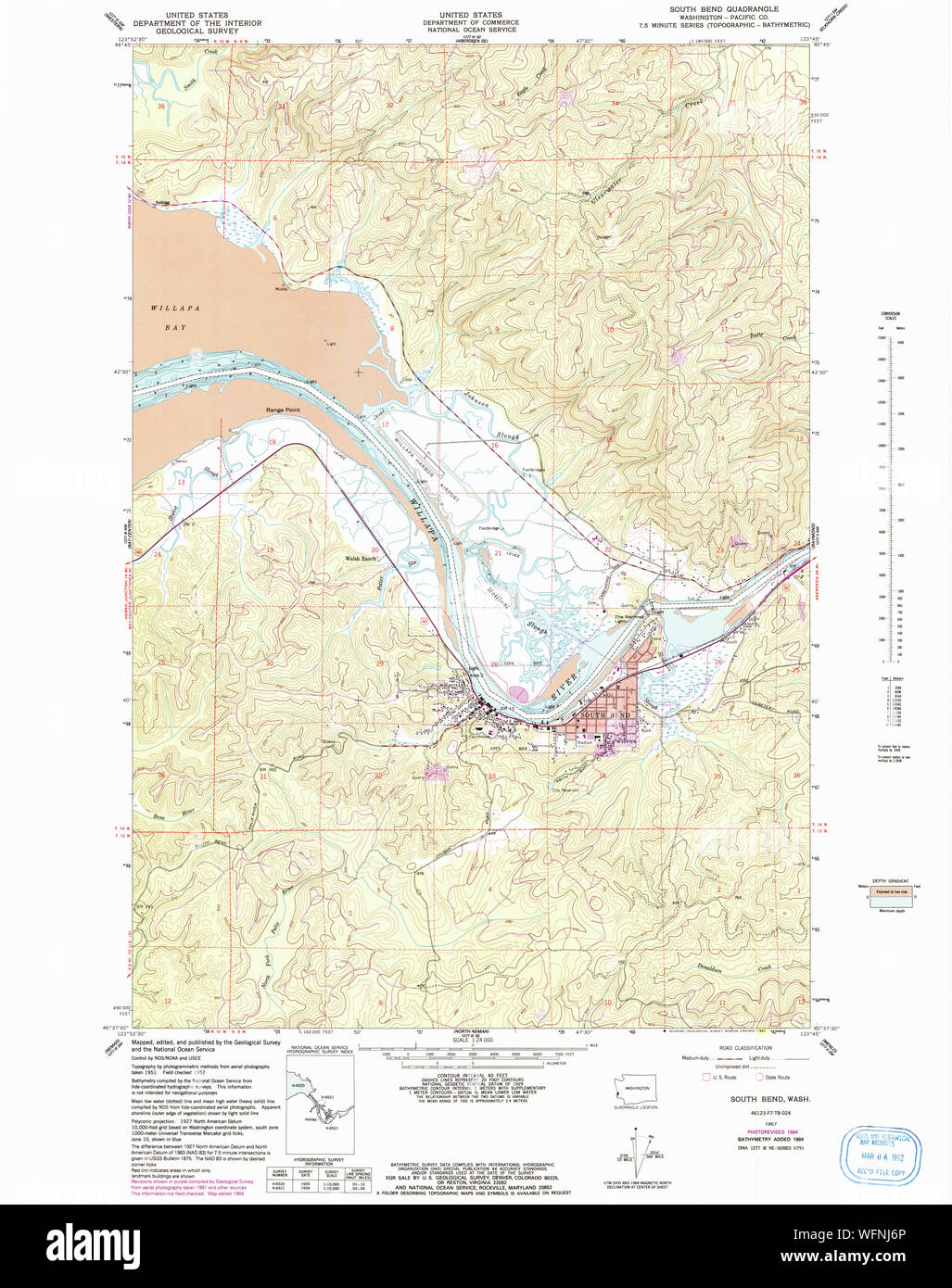 USGS TOPO Map Stato di Washington WA South Bend 243870 1957 24000 Restauro Foto Stock