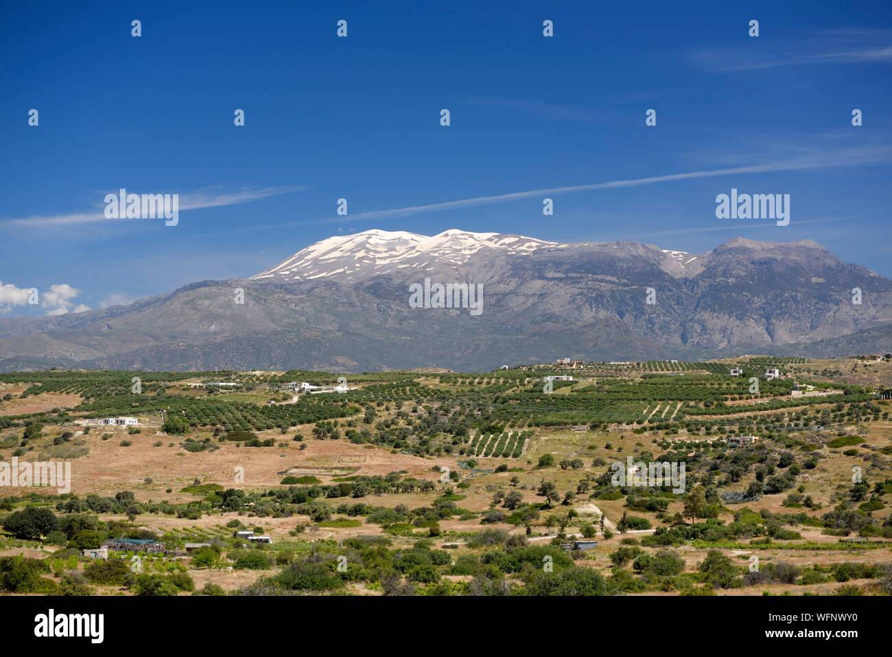 La Grecia, Creta, Festo, la vista della pianura di Messara e le sue culture con il Monte Ida (o montagna Psiloritis) 2,456 metri di altezza Foto Stock