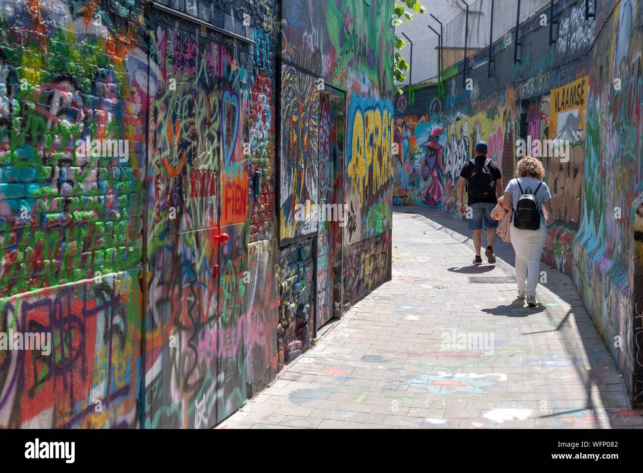 Belgio Fiandre Orientali, Gand, Werregaren Straatje, i graffiti vicolo, strada decorata da taggers e artisti di graffiti cambia ogni settimana Foto Stock