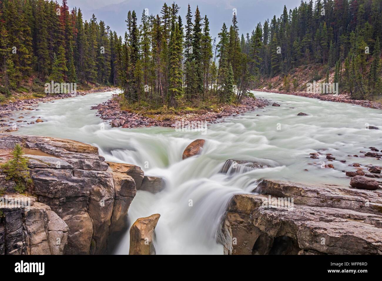 Canada, Alberta, Canada Montagne Rocciose elencati come Patrimonio Mondiale dell'UNESCO, il Parco Nazionale di Jasper, Sunwapta cade sul fiume Athabasca Foto Stock