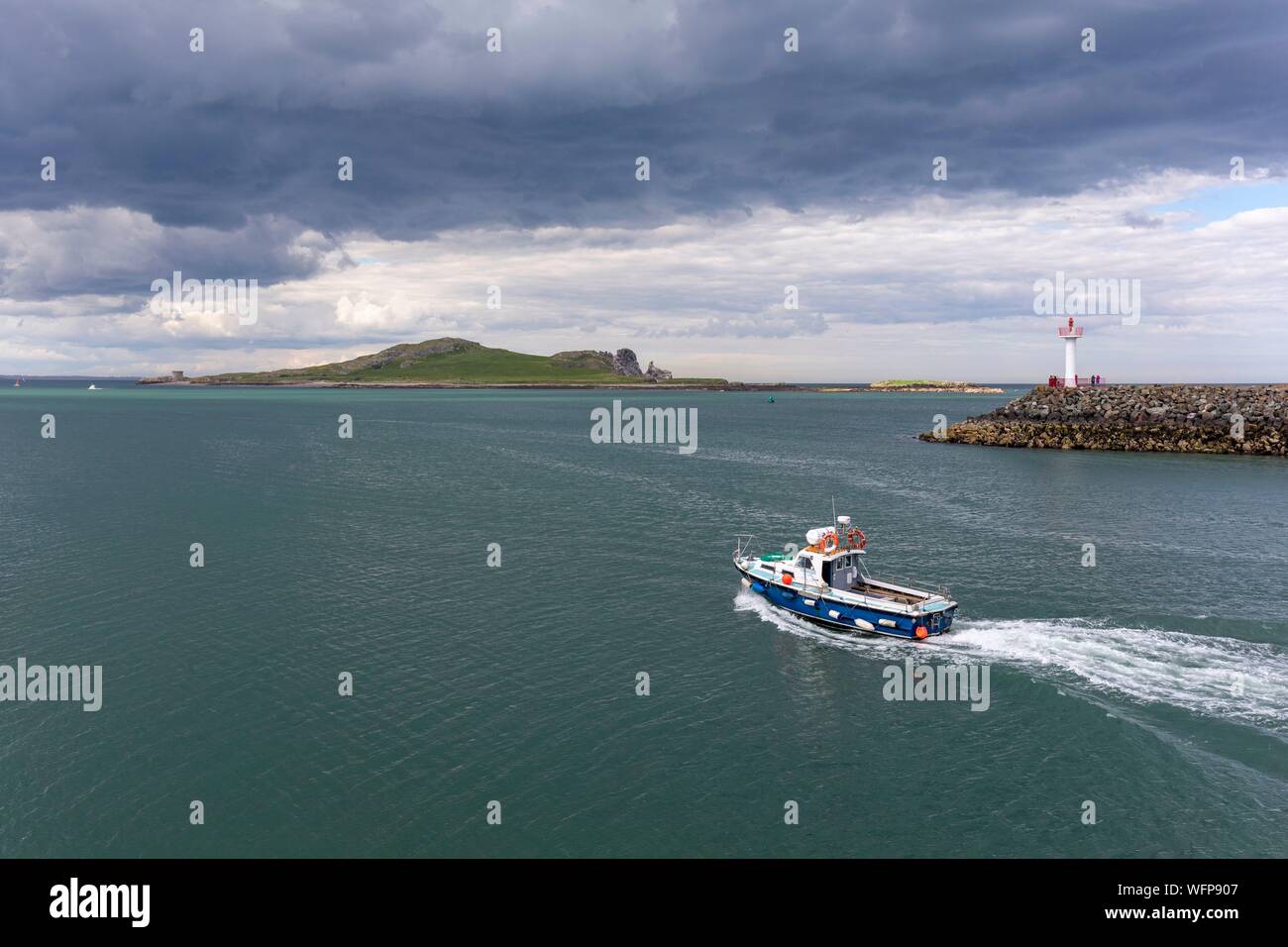 Irlanda, Fingal County, sobborgo nord di Dublino, Howth, la pesca in barca con partenza dal porto, off, la selvaggia isola dell' Irlanda's Eye Foto Stock