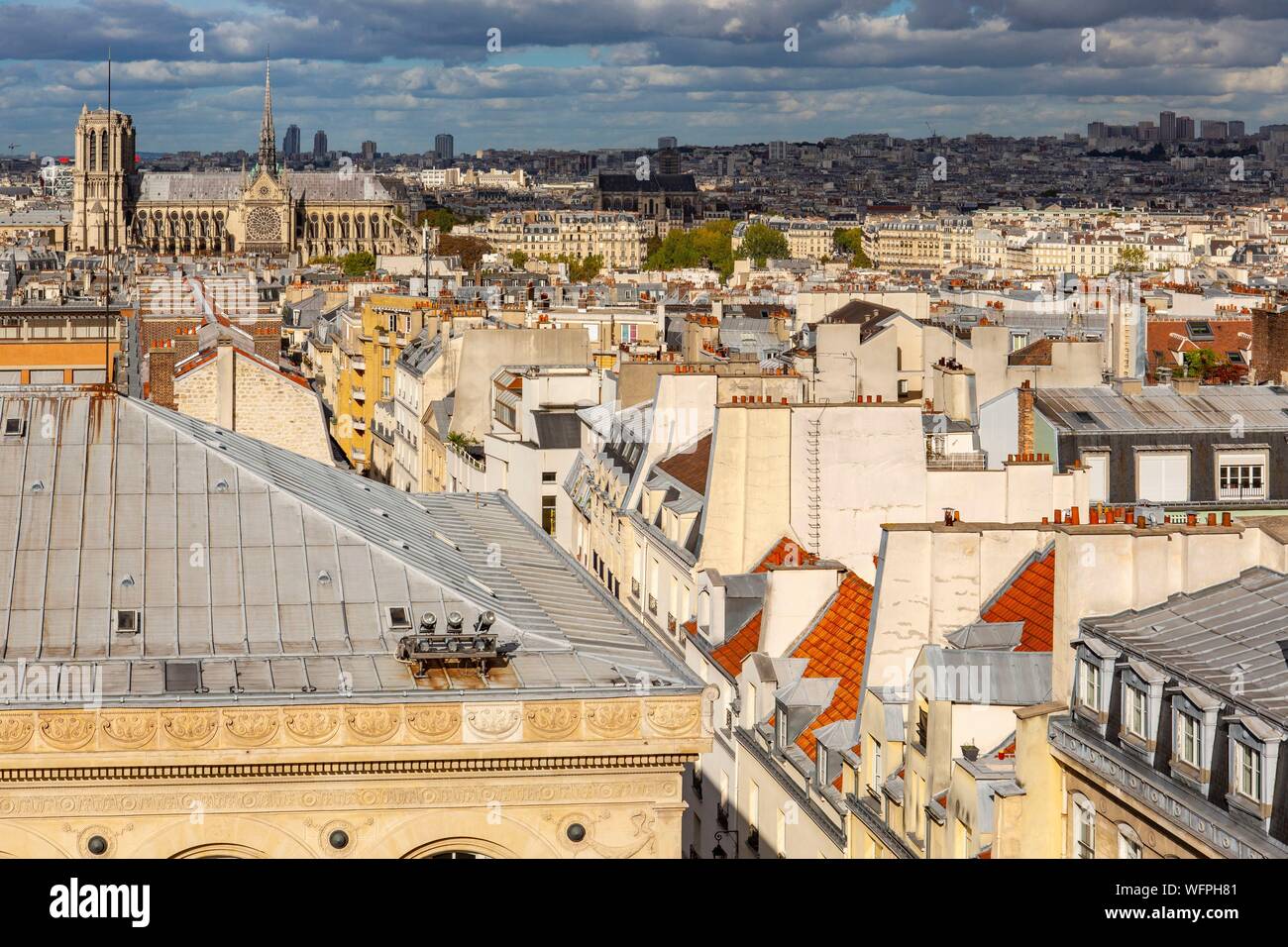 Francia, Parigi, quinto arrondissement, sui tetti di Parigi e la cattedrale di Notre Dame Foto Stock