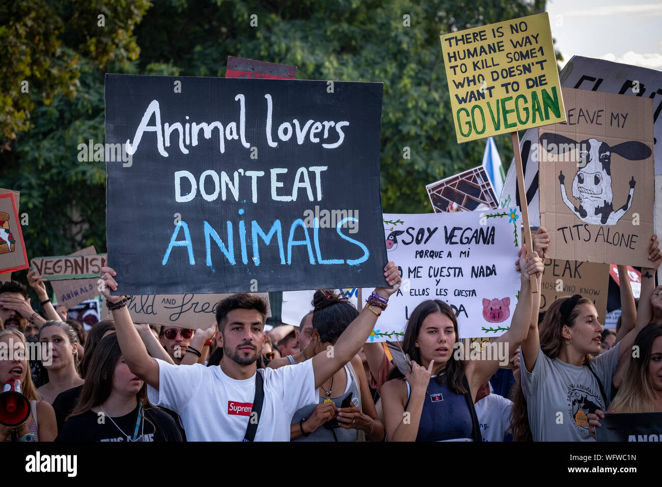 Manifestanti tenere cartelli in difesa dei diritti degli animali durante la dimostrazione.convocata da Barcellona animale organizzazione di risparmiare centinaia di persone hanno manifestato in difesa dei diritti degli animali e una dieta vegana. Foto Stock