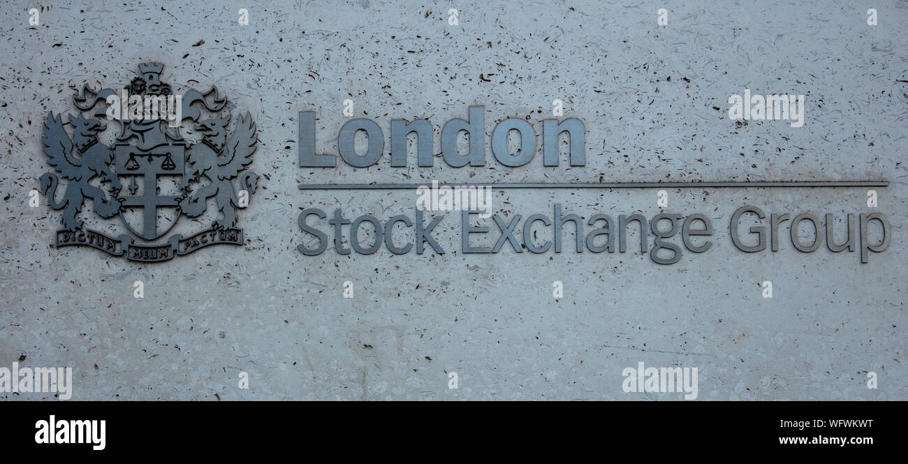 Segno del London Stock Exchange Group sulla parte esterna dell'edificio dello Stock Exchange di Londra, Regno Unito. Foto Stock