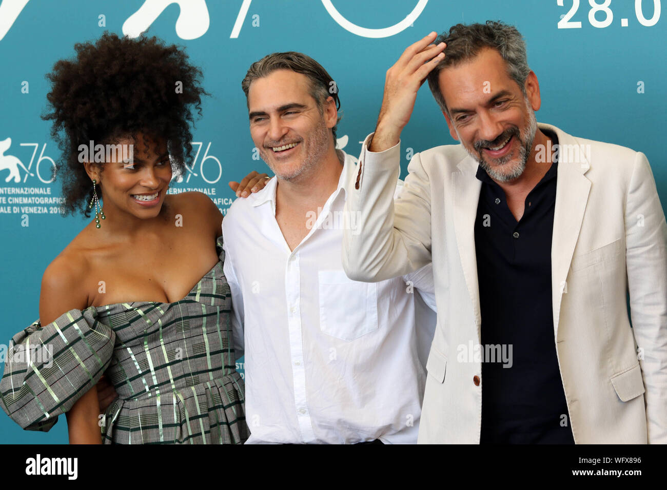 L'Italia, Lido di Venezia, 31 agosto 2019 : (R) il regista Todd Phillips, Joaquin Phoenix e Zazie Beetz al photocall del film "Jolly", duri Foto Stock
