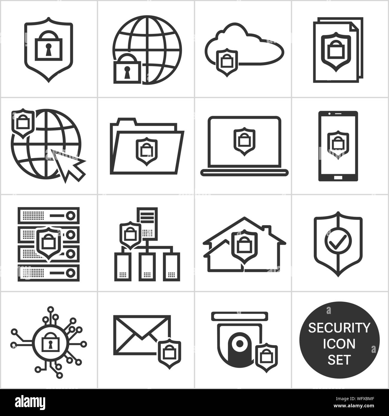 Diverse in bianco e nero la tecnologia le icone di protezione, sicurezza Imposta icona illustrazione vettoriale Illustrazione Vettoriale