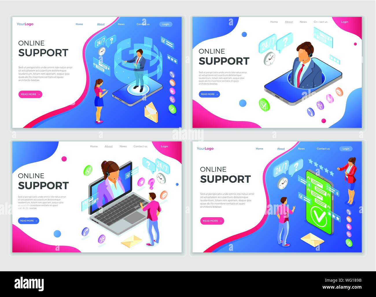 Isometrica Online Supporto clienti web di atterraggio i modelli di pagina. Banner orizzontale call center smartphone, laptop con femmina, maschio consulente, auricolare, Illustrazione Vettoriale