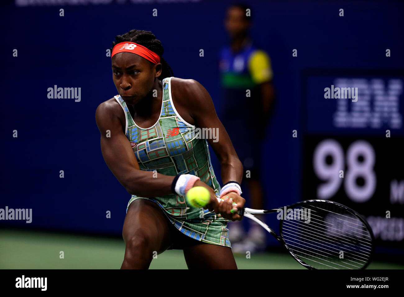 New York, Stati Uniti. 31 Agosto, 2019. Flushing Meadows, New York, Stati Uniti - Agosto 31, 2019. Coco Gauff durante il suo terzo round il match contro il numero 1 di sementi, Naomi Osaka a US Open di oggi. Osaka ha vinto la partita in retta fissa. Credito: Adam Stoltman/Alamy Live News Foto Stock