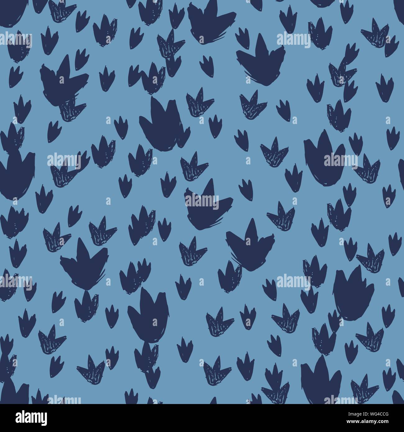 Blu di vettore di orme di dinosauri schema di ripetizione. Perfetto per i tessili, pacchetto regalo e carta da parati. Illustrazione Vettoriale