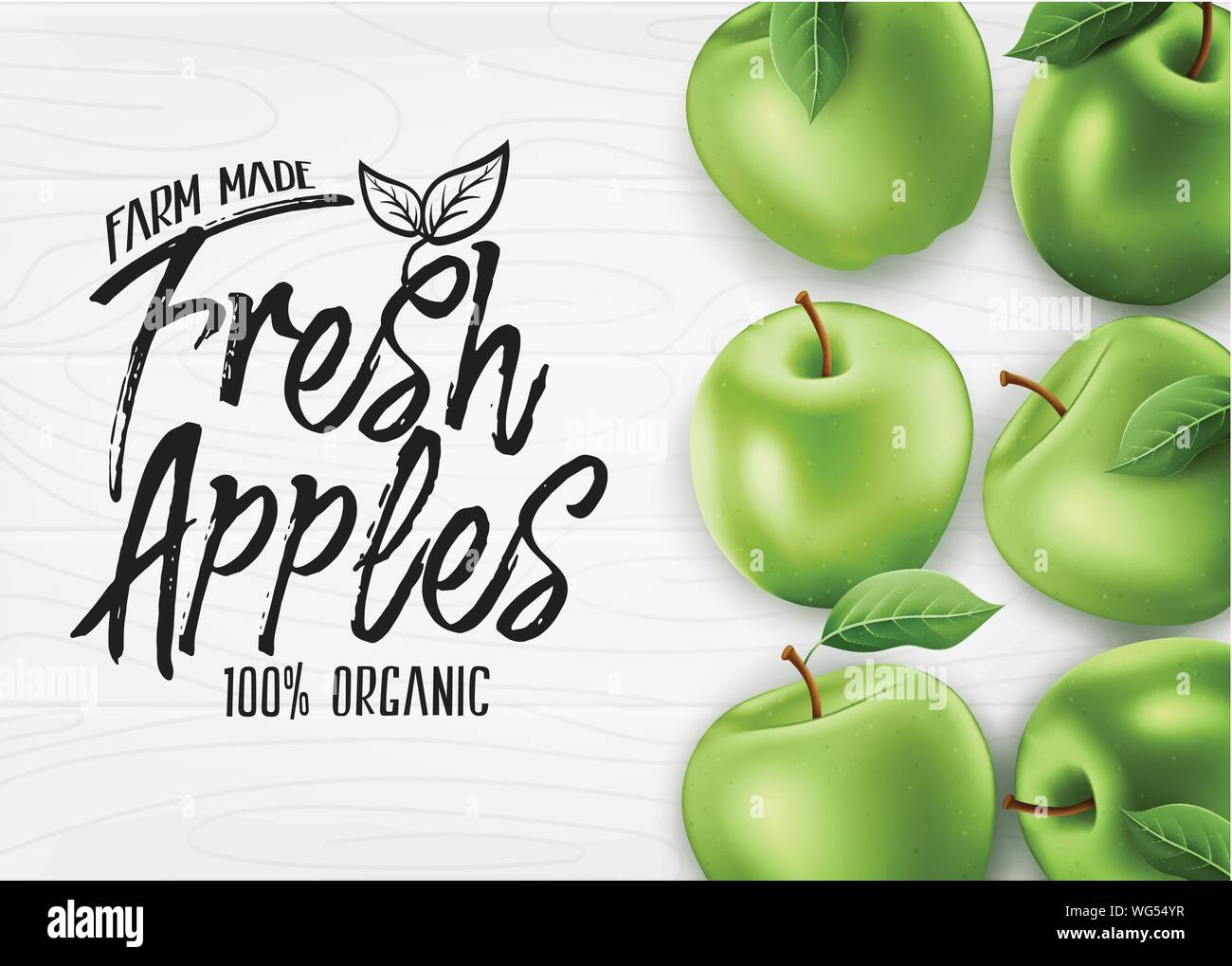 Green Mele fresche fattoria organica fatta 3D realistici Banner in alto vista bianco su uno sfondo di legno. Illustrazione Vettoriale Illustrazione Vettoriale