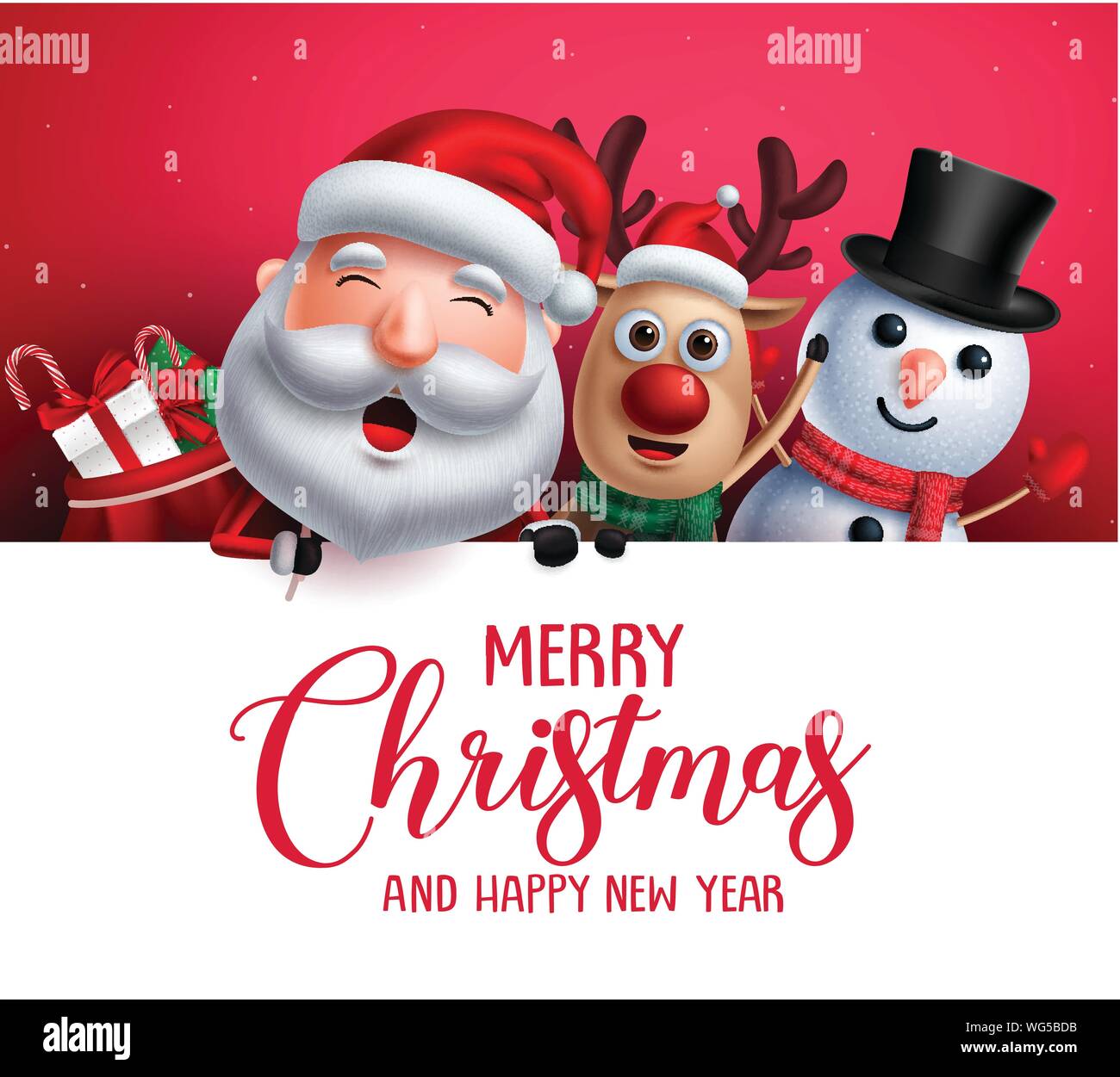 Buon Natale saluto modello con Babbo Natale, pupazzo di neve e renne caratteri vettoriali Singing Christmas Carol tenendo vuoto lo spazio bianco Illustrazione Vettoriale