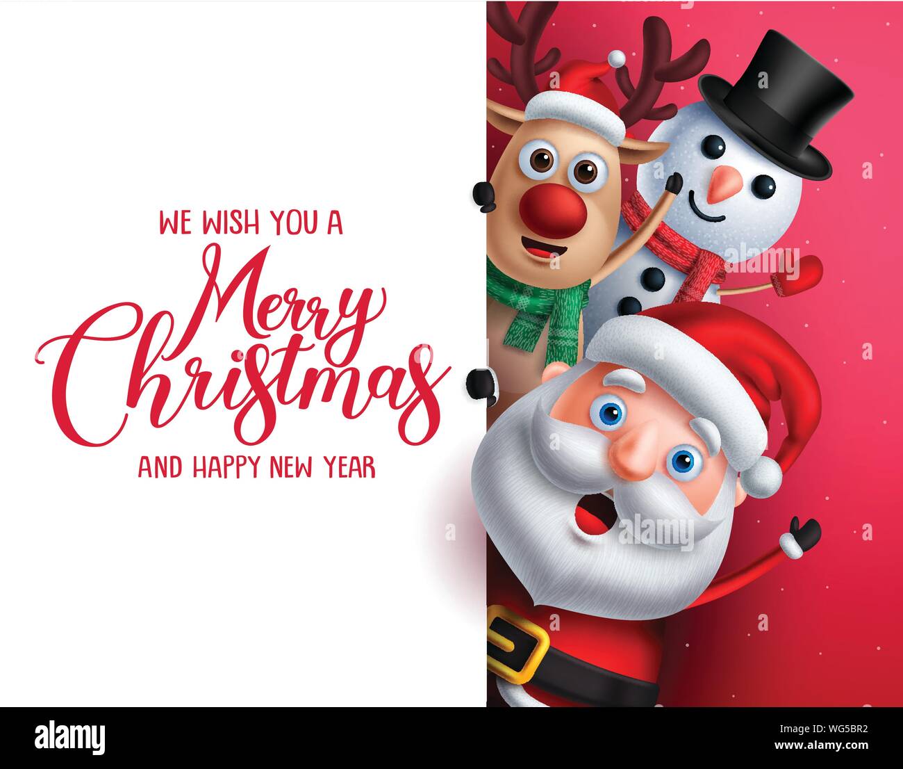 Buon Natale saluto modello con Babbo Natale, pupazzo di neve e renne caratteri vettoriali cantare mantenendo vuoto lo spazio bianco per Natale desiderano Illustrazione Vettoriale