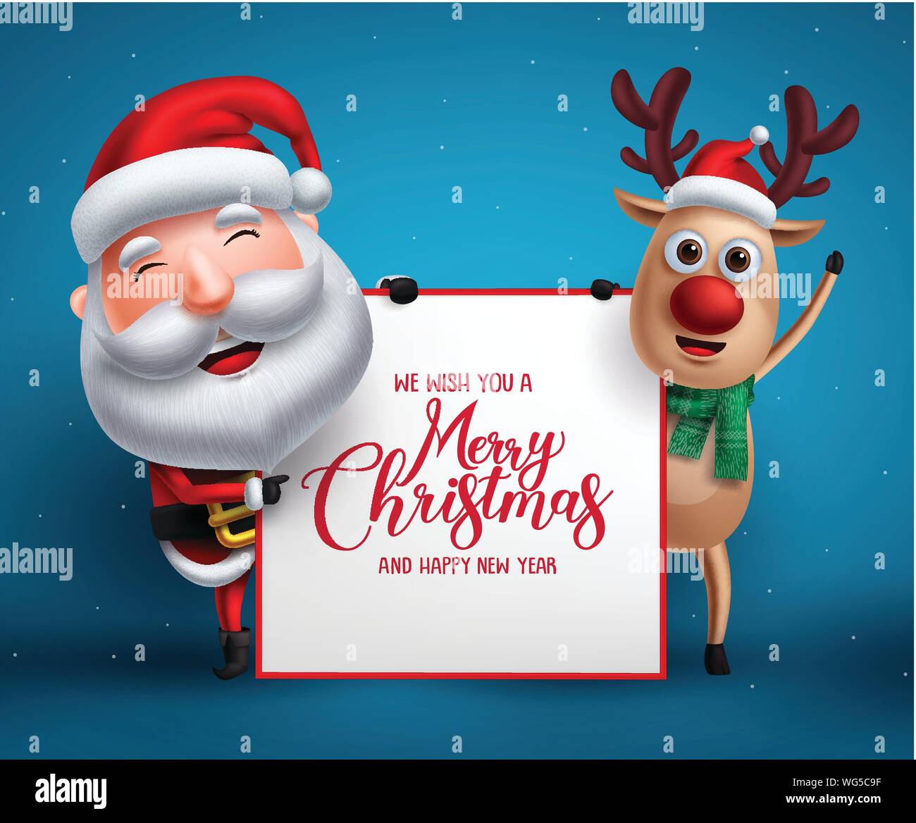 Buon Natale saluto modello con Babbo Natale e renne caratteri di vettore vuoto di contenimento della scheda bianca per la lista dei regali di Natale a sfondo blu. Illustrazione Vettoriale