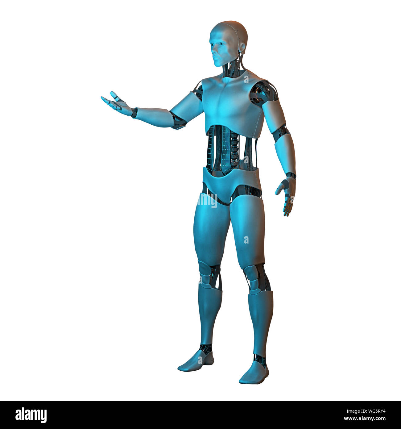 Robot futuristico, maschio android presentando uno spazio vuoto, isolato su sfondo bianco (3d lo sfondo dell'illustrazione) Foto Stock