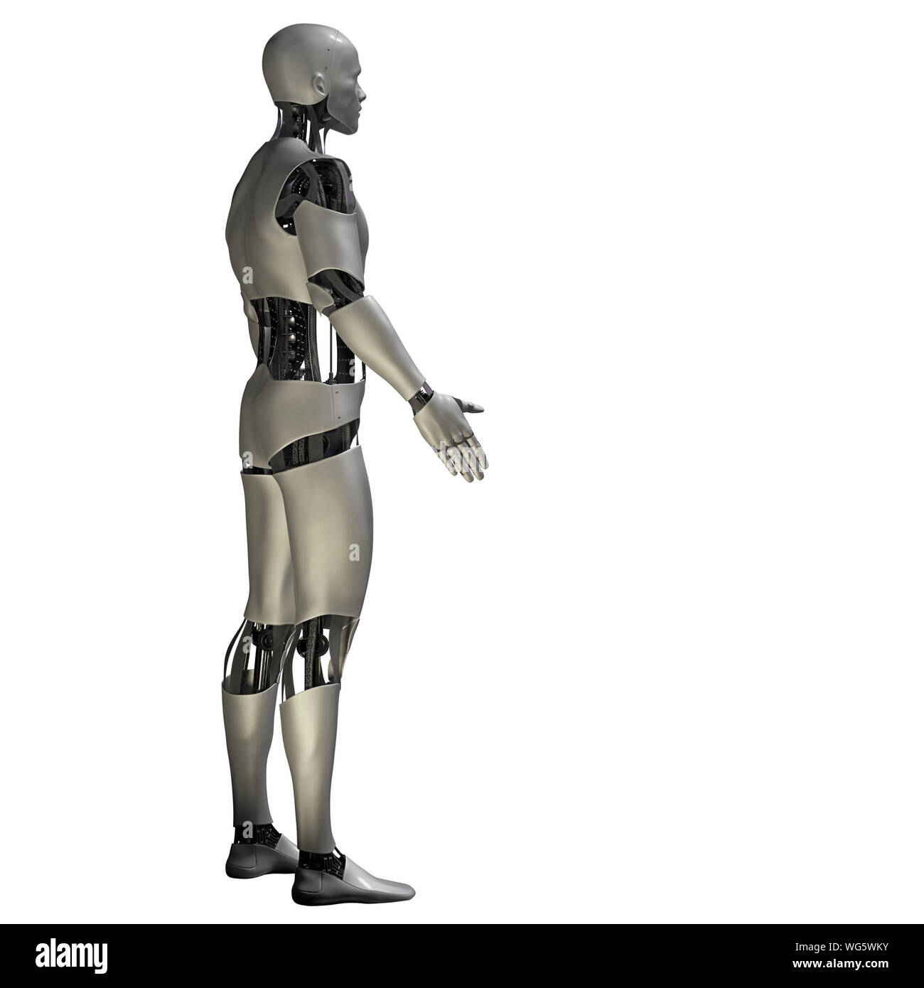 Robot umanoide in piedi di fronte a uno spazio vuoto, cyborg isolati su sfondo bianco (3d lo sfondo dell'illustrazione) Foto Stock