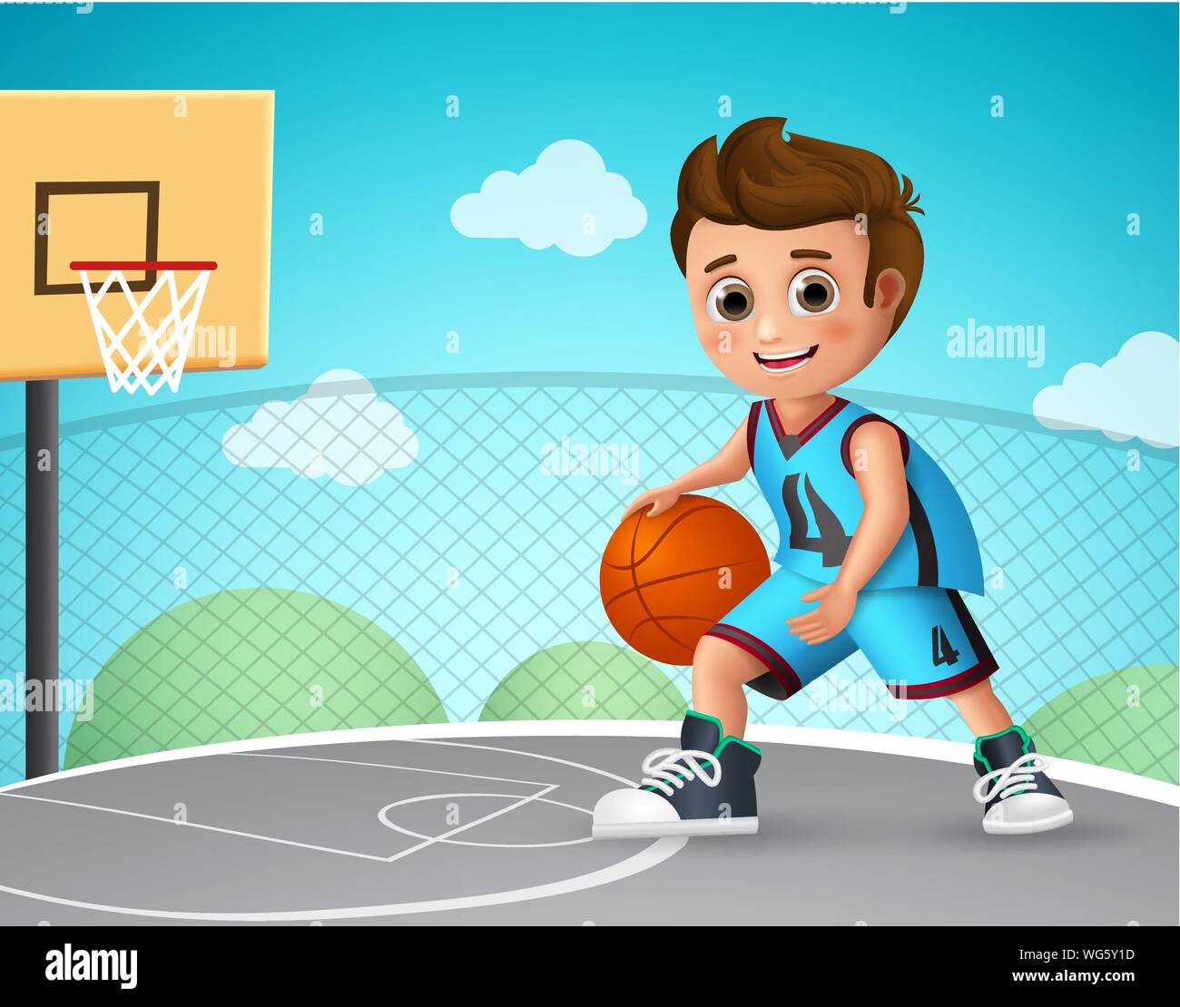 Kid giocare a basket carattere vettoriale. I giovani della scuola ragazzo che indossa la pallacanestro uniforme in campo da pallacanestro mentre facendo il suo stile di dribbling. Vettore Illustrazione Vettoriale
