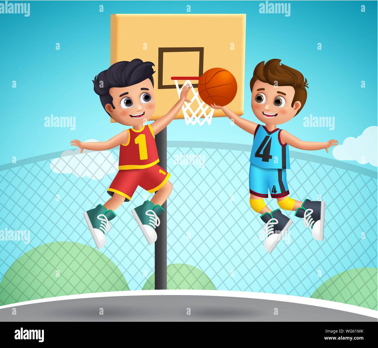 Caratteri per bambini giocare a basket illustrazione vettoriale.scuola di  giovani ragazzi che indossano uniformi di basket a giocare nel parco giochi  di corte. Vettore Immagine e Vettoriale - Alamy