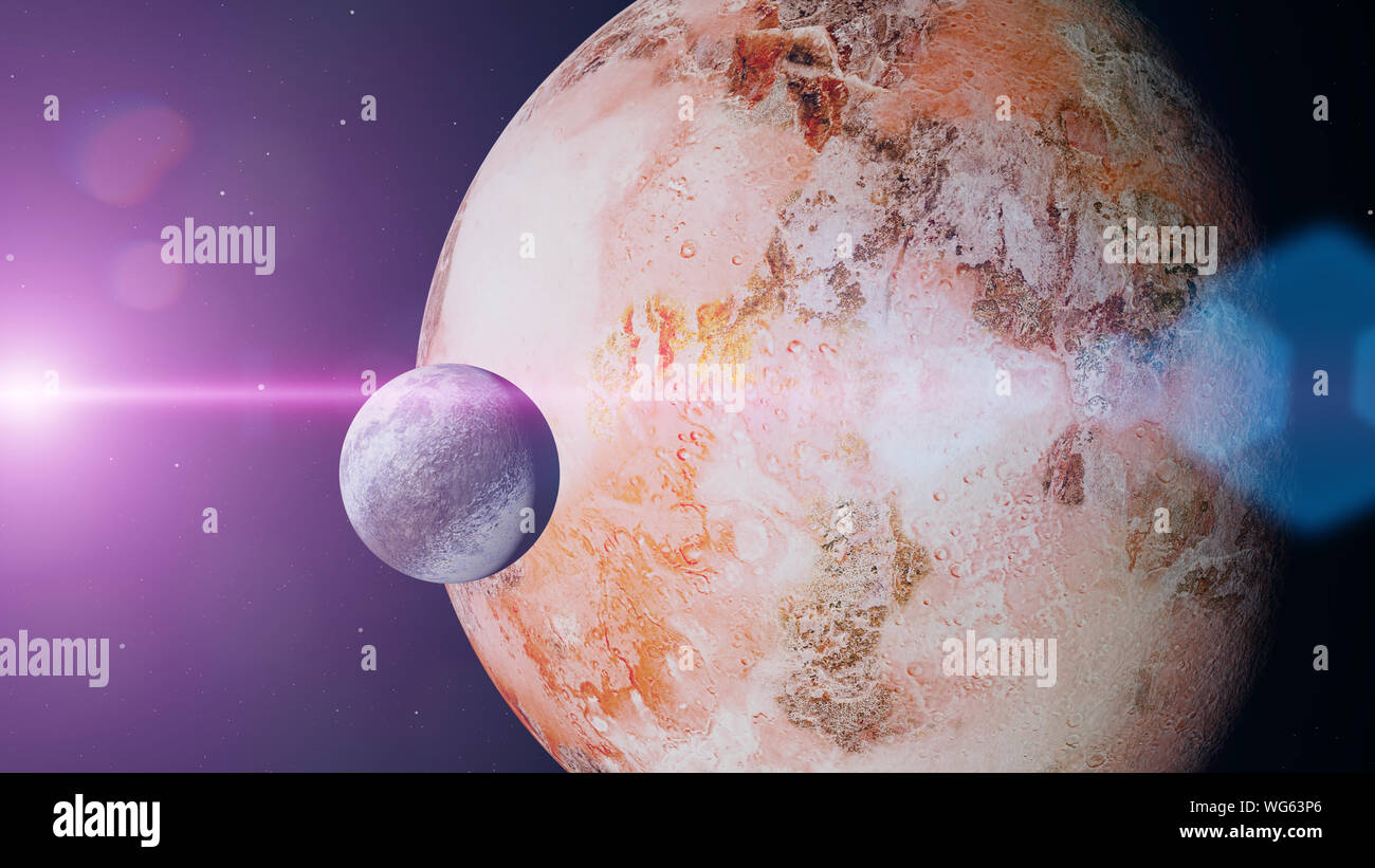 Mondi alieni, il pianeta con la luna nel lontano sistema solare Foto Stock