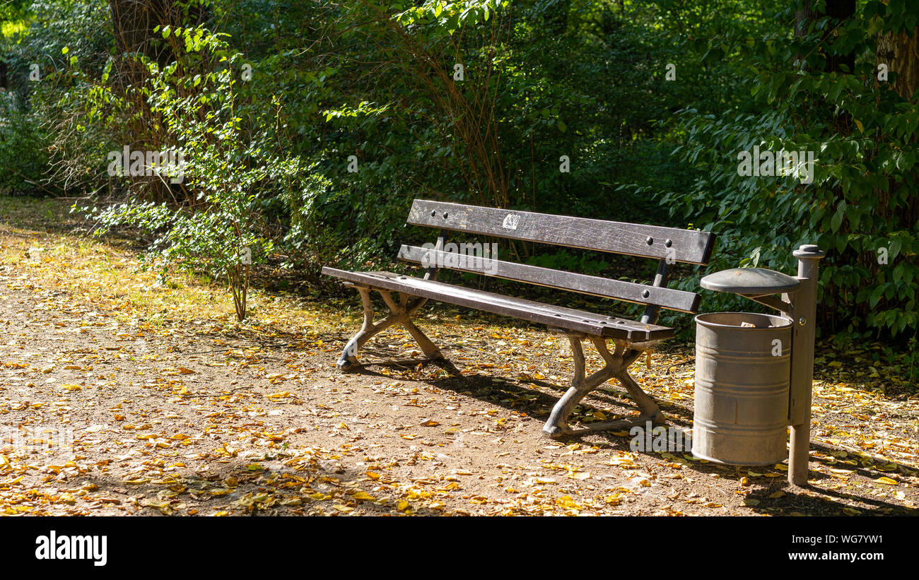 Un banco di solitario nel parco Grosser Garten di Dresda, Germania durante il tramonto. Un cestino sorge oltre esso. foglie sono di coprire il percorso nella parte anteriore del unu Foto Stock