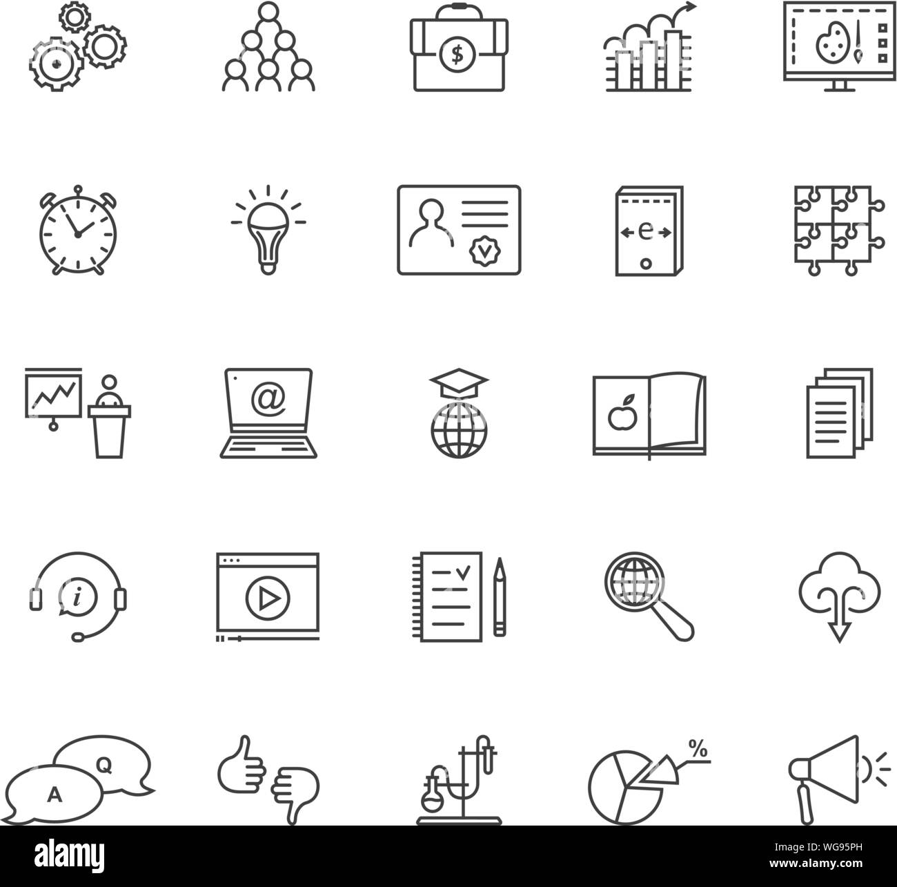 Linea sottile set di istruzione e l'e-learning isolato su bianco Illustrazione Vettoriale