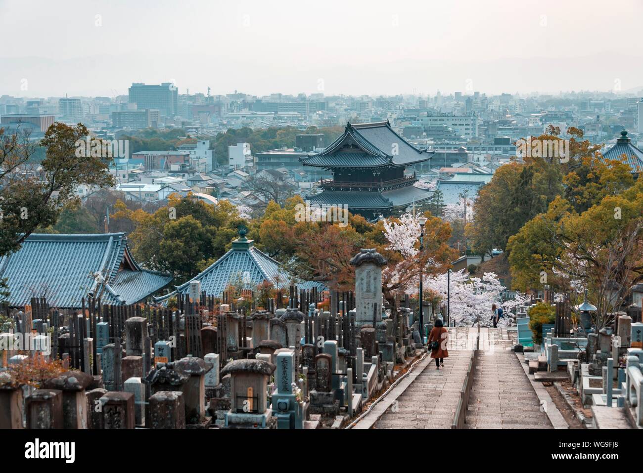 Vista città con Tempio e cimitero dei fiori di ciliegio, Konkai-Komyoji tempio, Kurodanicho, Kyoto, Giappone Foto Stock