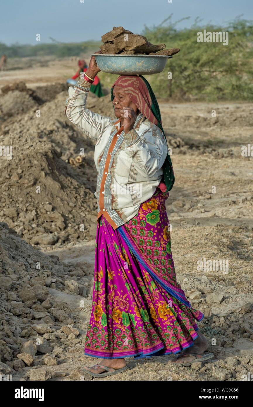 Fakirani donna nei tradizionali abiti colorati il trasporto di terra sul suo capo per lavori stradali, grande Rann di Kutch, Gujarat, India Foto Stock