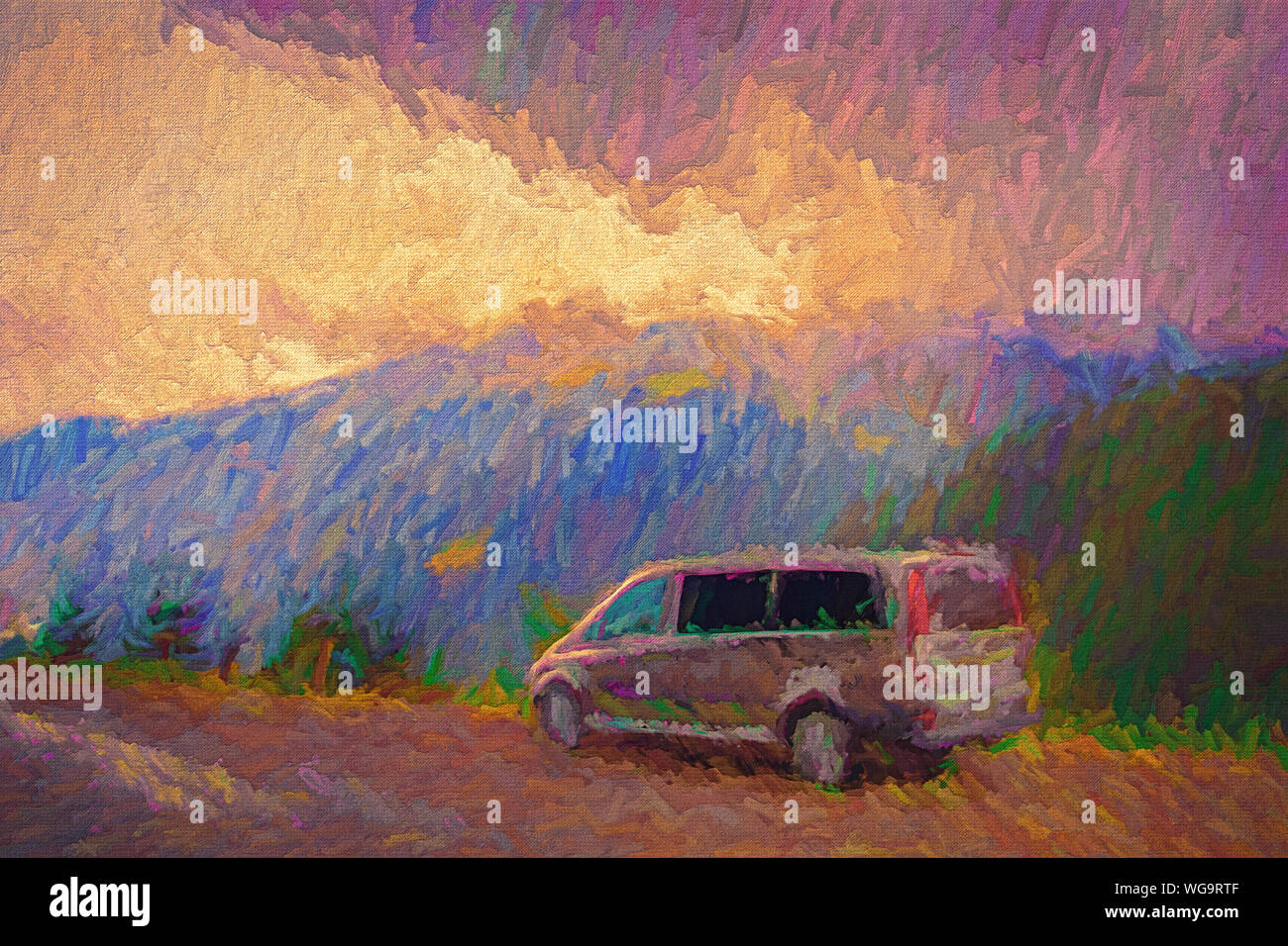 Viaggio in Austria Alpi con una vettura, la pittura di paesaggio illustrazioni Foto Stock