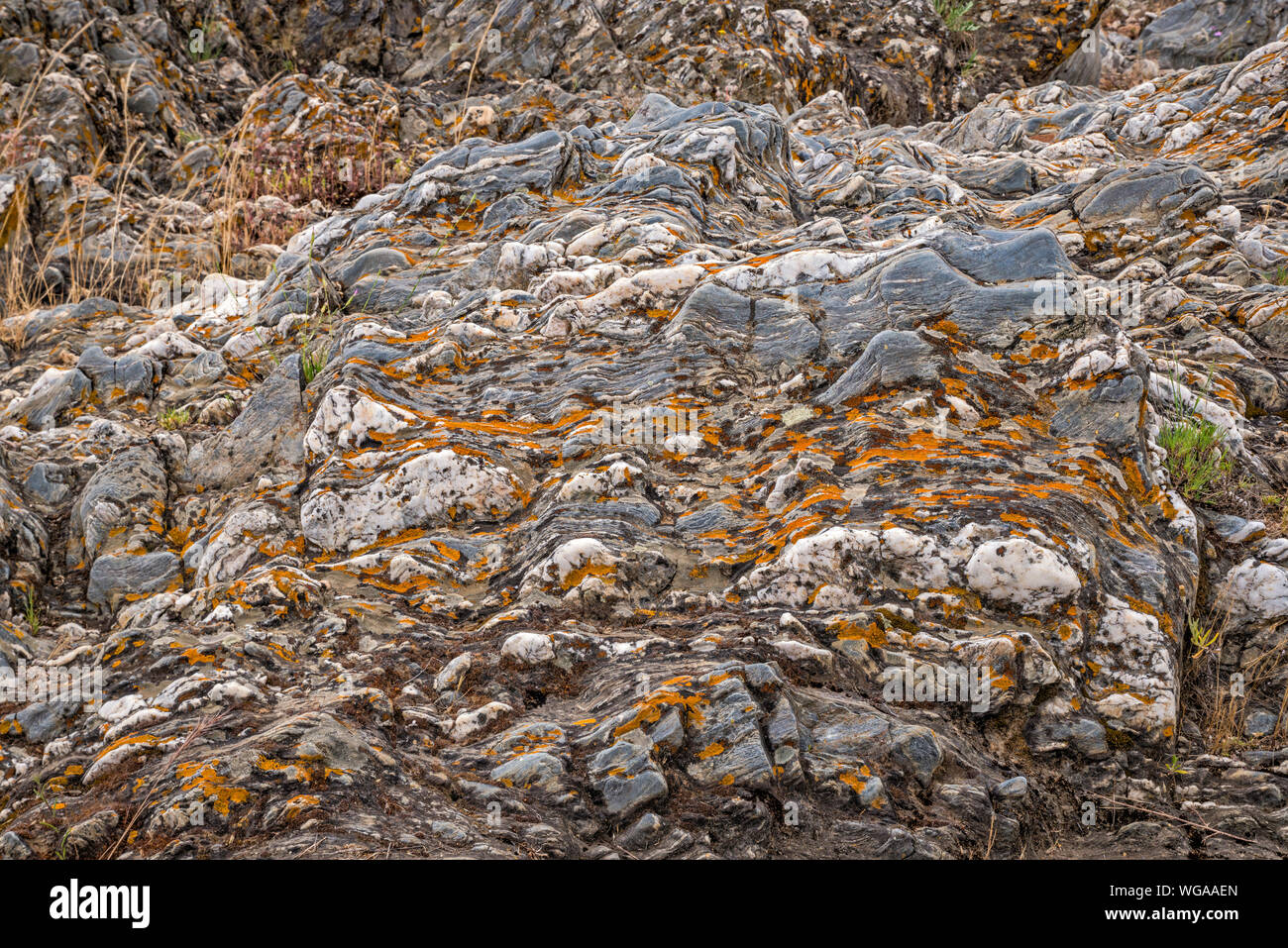 Lo scisto in rocce metamorfiche vicino Pulo do Lobo cascata sul Rio Guadiana Guadiana Valley Natural Park, distretto di Beja, Baixo Alentejo, Portogallo Foto Stock
