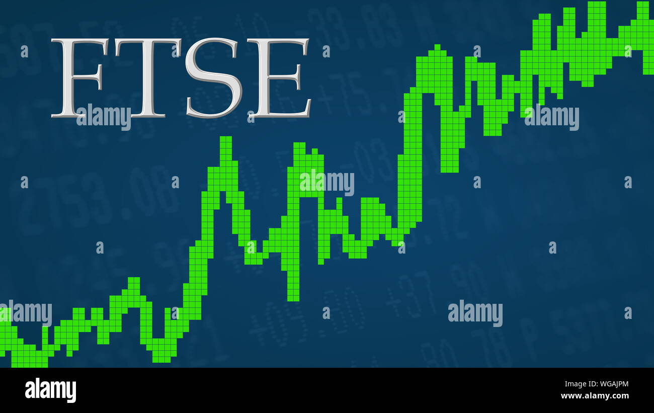 Mercato azionario britannico Index FTSE sta andando verso l'alto. Il grafico verde accanto al silver FTSE titolo su sfondo blu è che mostra verso l'alto e simboleggia... Foto Stock